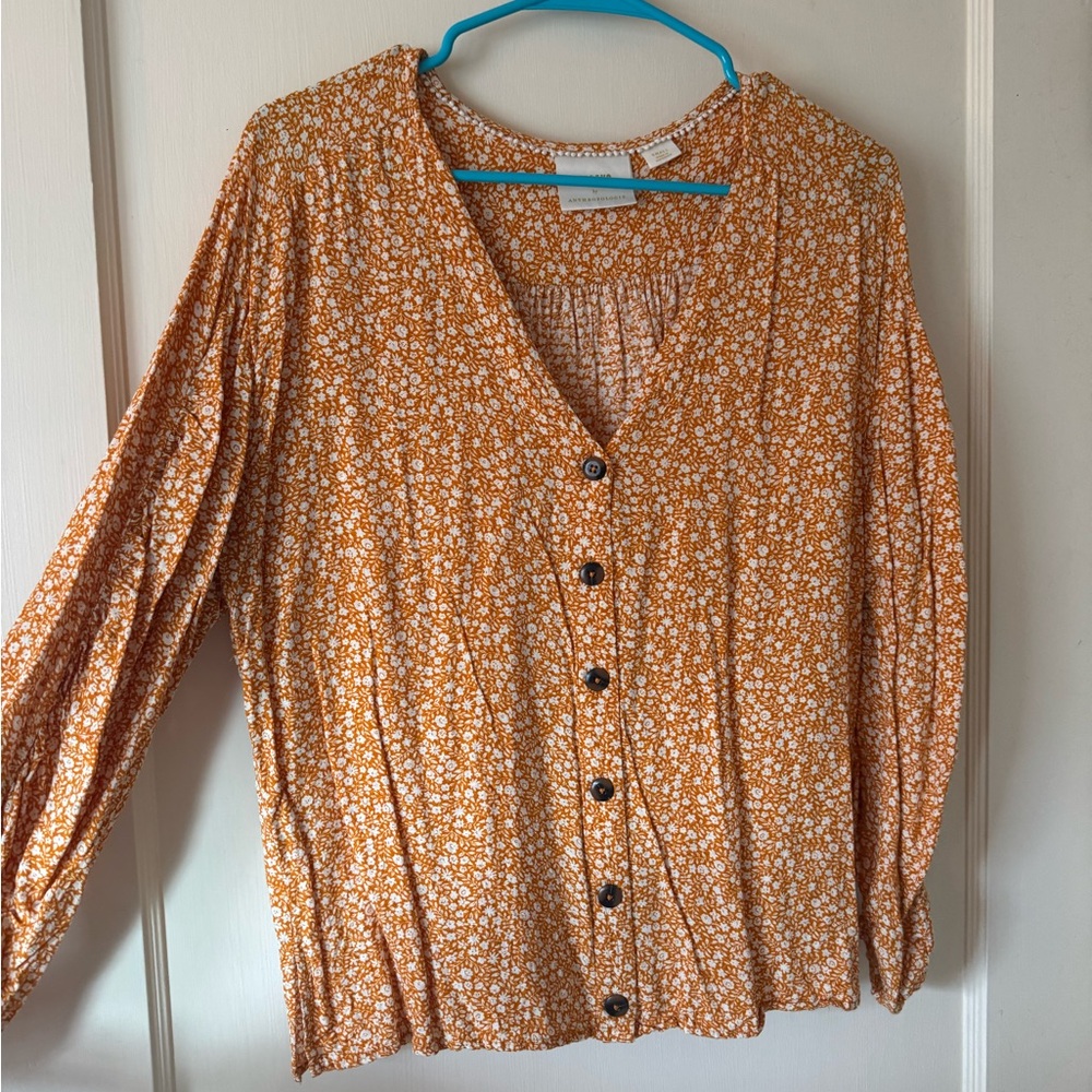 Anthropologie Maeve Floral Button-Front Blouse in Mustard & White
